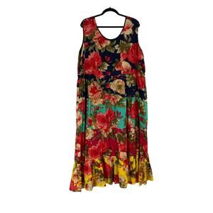 VTG 90s Tiered Maxi Dress India Bright Floral Print Empire Waist Drawstring 1X